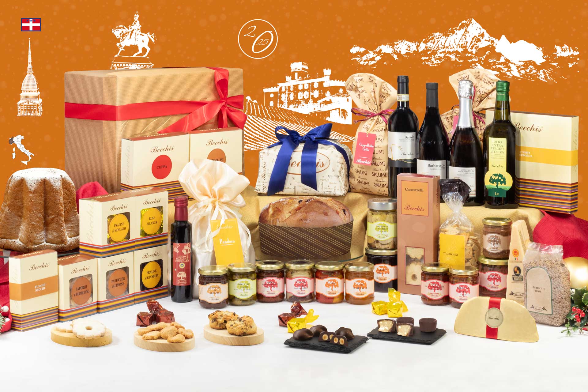 Cesti Natalizi 2025 con eccellenze Piemontesi Cesto natalizio 2025 con eccellenze piemontesi: panettone, pandoro, vini, salumi, formaggi, conserve, biscotti, torroni e dolci artigianali in confezioni regalo eleganti.