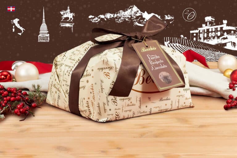 panettone ricoperto e farcito al cioccolato incarto fiocco